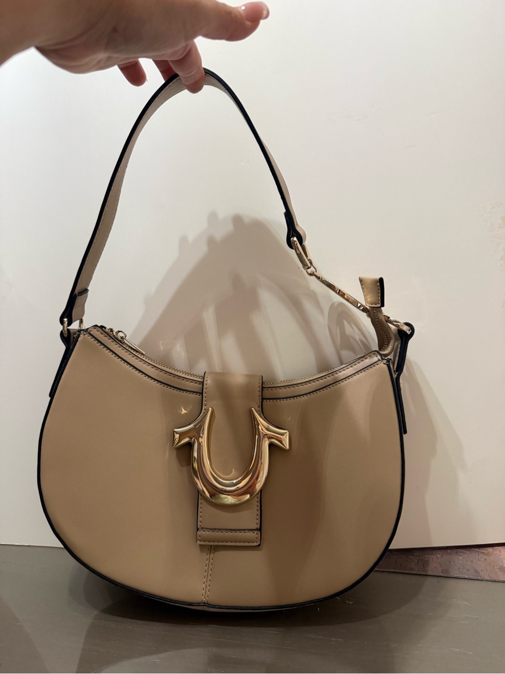 Taupe Curved Shoulder Bag with Gold Accent